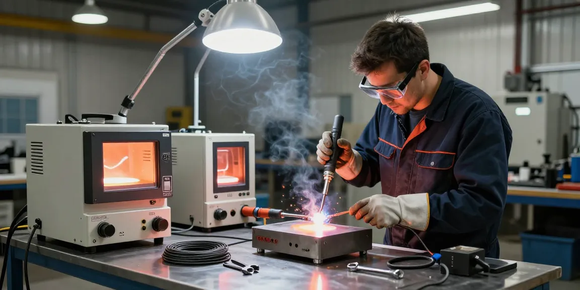 Technician using an induction heater to weld metal components safely in a modern industrial workshop.