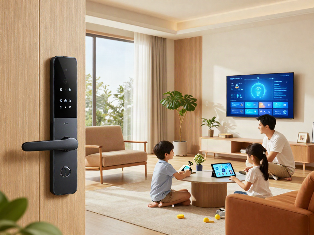 Modern smart lock قفل هوشمند enhancing home security with family using tech in a stylish living room.