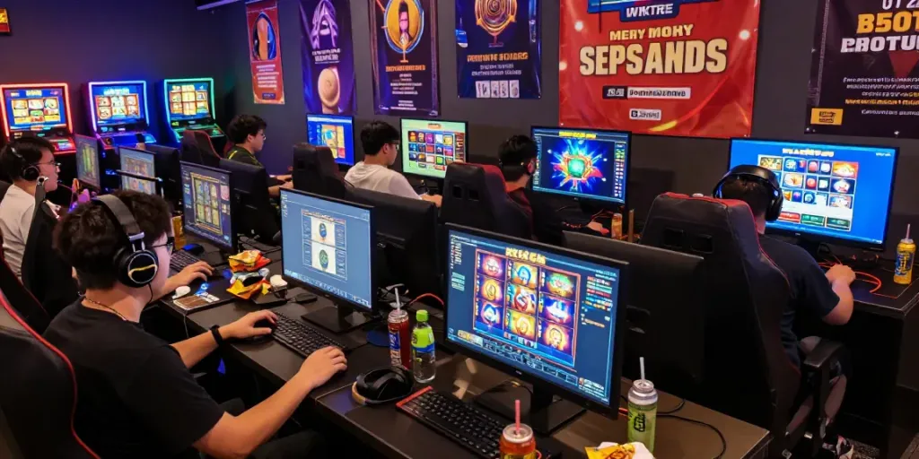 Engaged players enjoying a thrilling session on slot server thailand, showcasing vibrant gaming graphics.