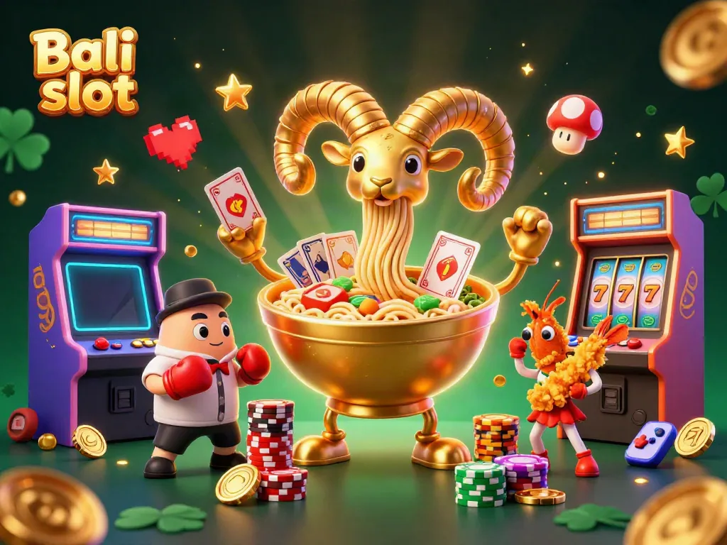 Engage in thrilling Bali slot games with this vibrant 3D illustration showcasing colorful characters and dynamic casino elements.