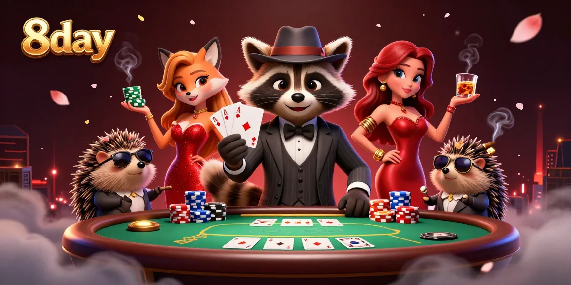 Experience thrilling poker action with 8day's characters as they celebrate a winning royal flush hand.