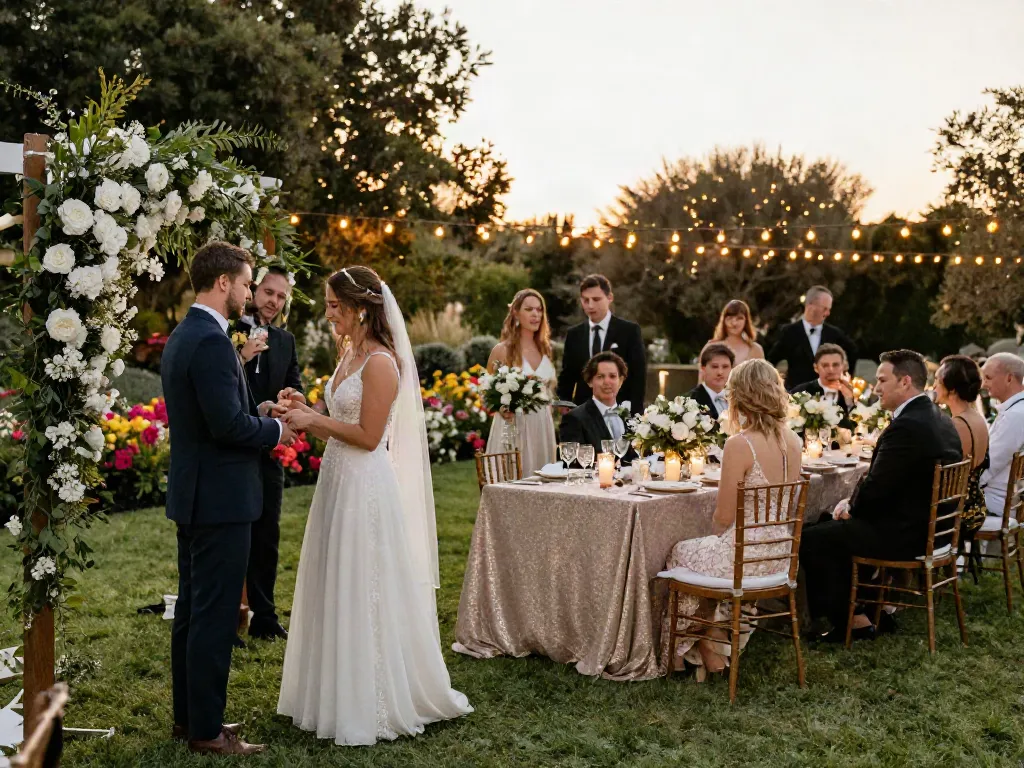 Event rentals setup for a stunning outdoor wedding ceremony with elegant decorations.