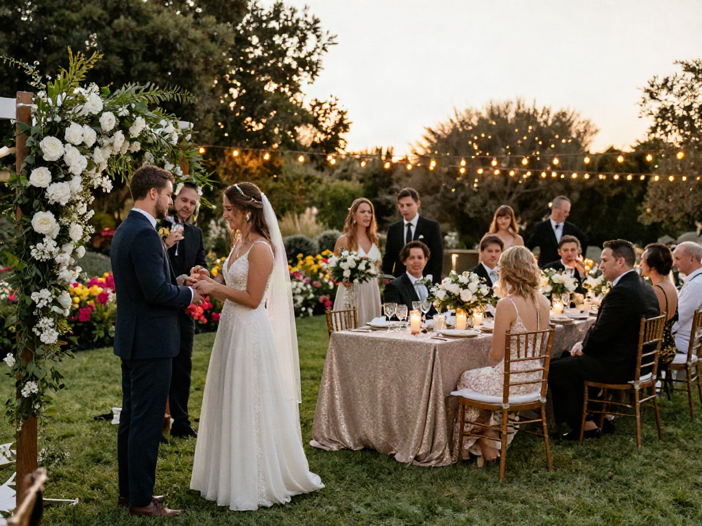 Event rentals setup for a stunning outdoor wedding ceremony with elegant decorations.