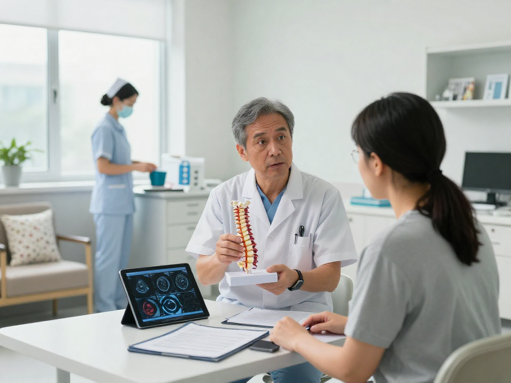 Boyun fıtığı ameliyatı consultation scene with surgeon and patient discussing treatment options.