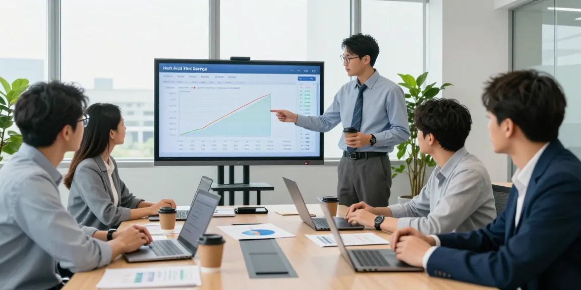 Business professionals analyzing data on business electricity half hourly meter usage in a bright conference room.
