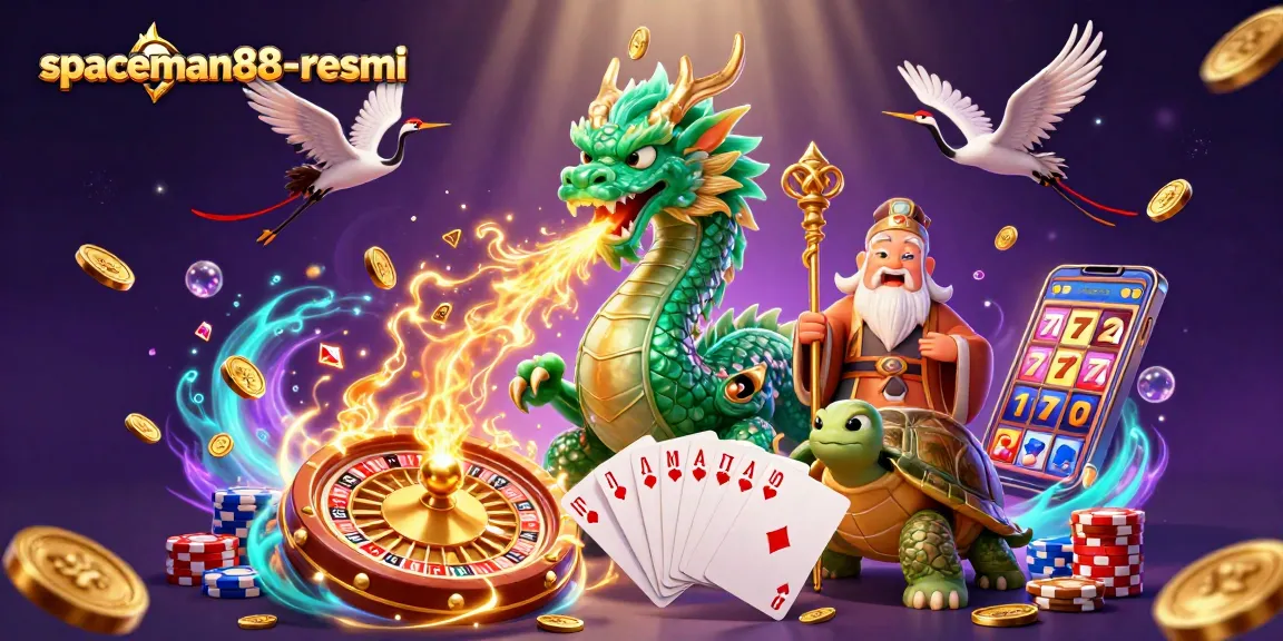 Engage with the dynamic scene of spaceman88-resmi, featuring a jade dragon and turtles in an online casino setting.