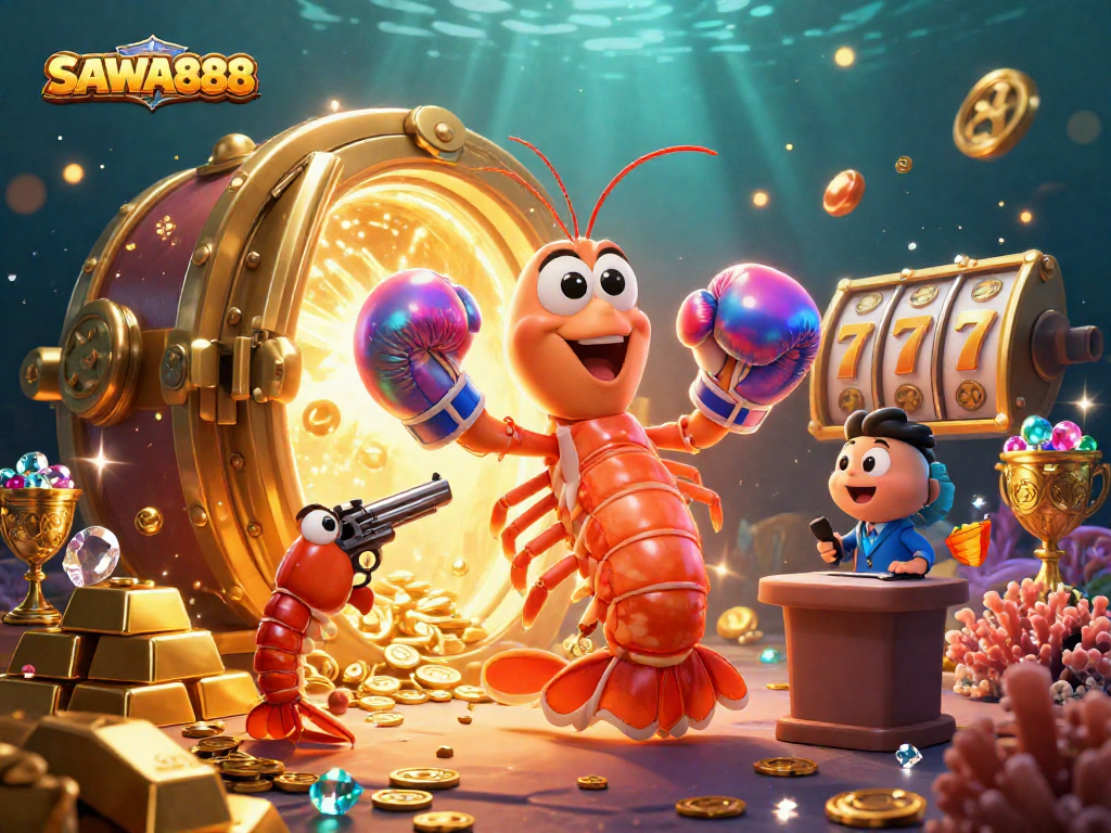 SAWA888 features vibrant casino characters celebrating with jackpots and treasures in a dynamic underwater scene.