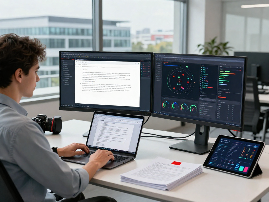 Expert analyzing document fraud detection metrics on dual monitors in a technology workspace.