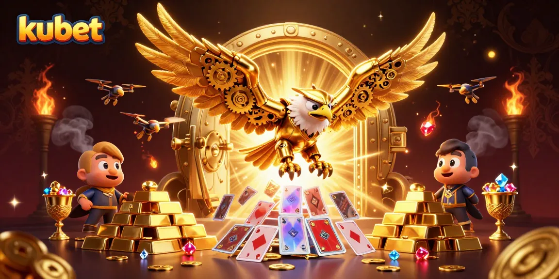 Kubet offers thrilling gaming with a 3D golden eagle soaring through a cascade of playing cards.