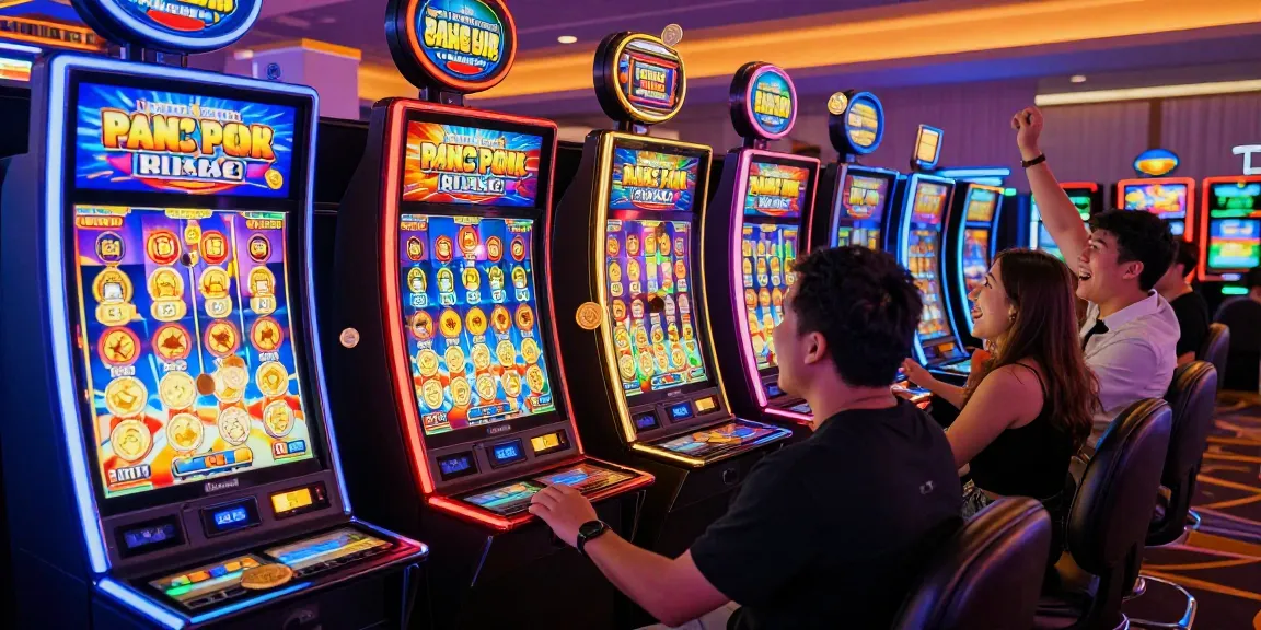Aktivitas di kasino dengan pemain slot gacor merayakan kemenangan di mesin slot yang berwarna-warni.