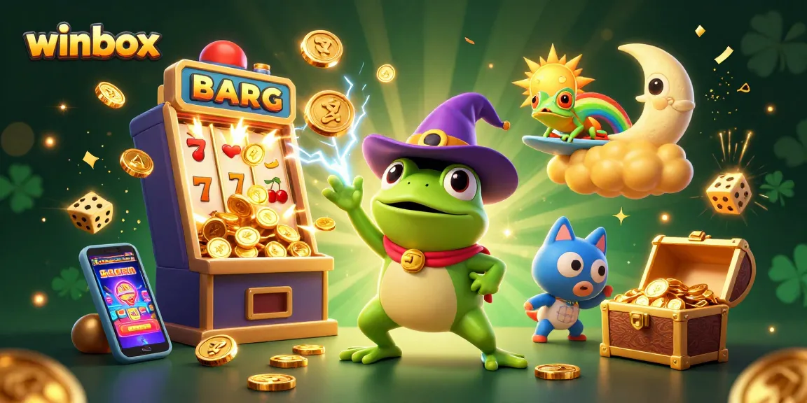Winbox frogs dance amidst a storm of casino coins and vibrant gaming symbols, evoking excitement.