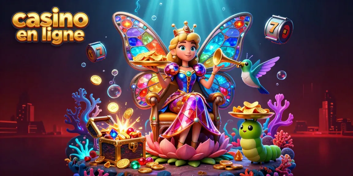 Profitez des jeux au casino en ligne avec une reine papillon entourée de joyaux colorés et de pièces d'or.