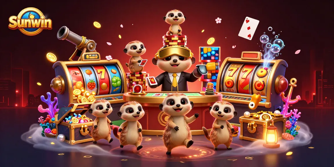 Sunwin casino scene showcasing meerkats as dealers and a pit boss, surrounded by vibrant slot game elements.