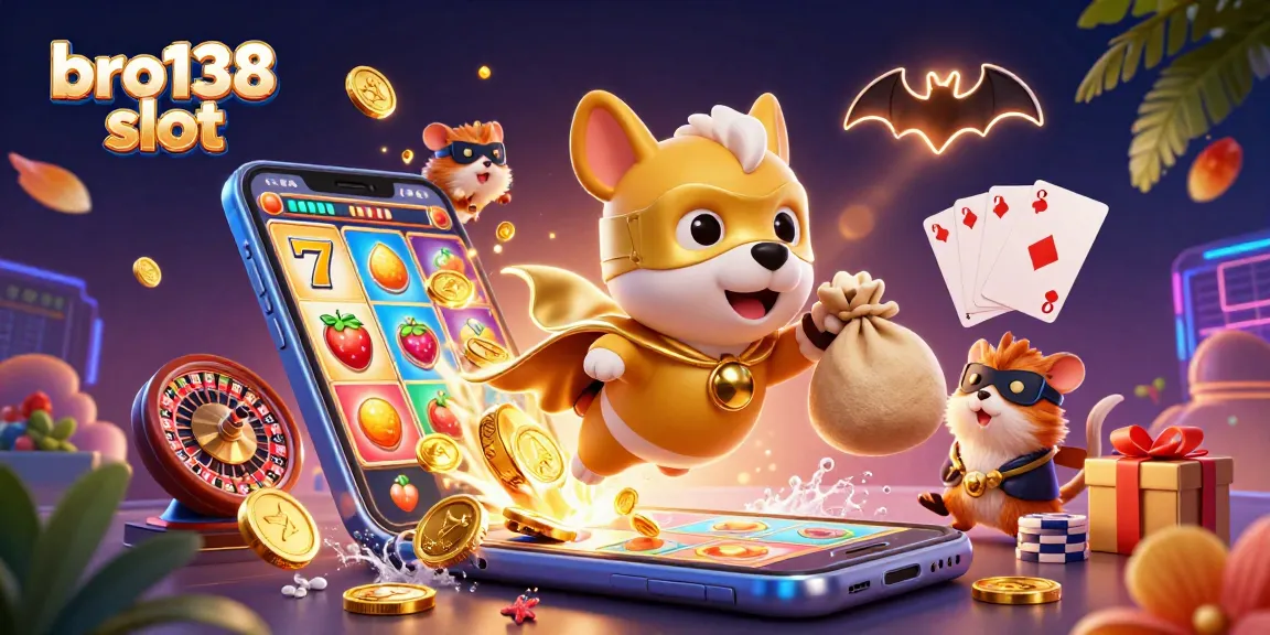 Experience the thrill of bro138 slot with a superhero dog and hamster in an exciting 3D illustration featuring vibrant game elements.