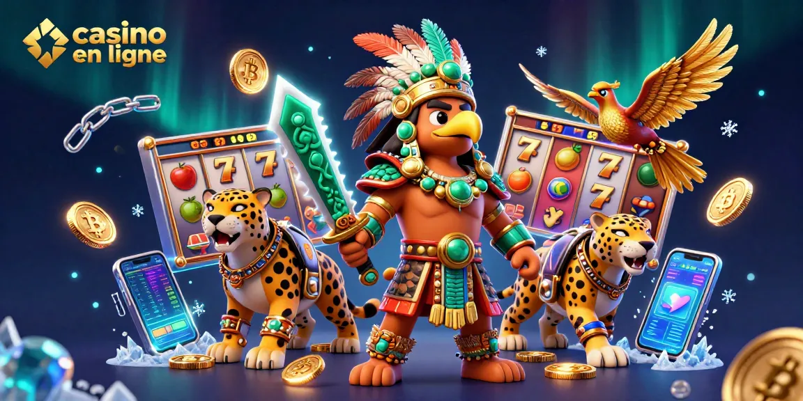 Découvrez un personnage fantastique dans "casino en ligne" entouré de machines à sous et de cryptomonnaies scintillantes.