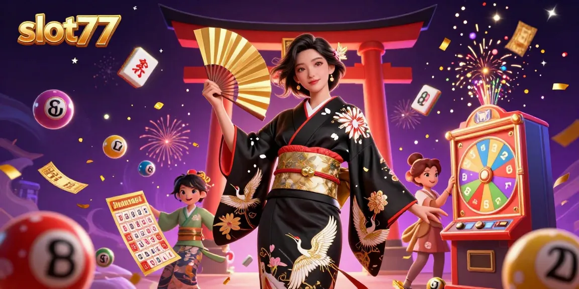 Experience excitement with slot77 as vibrant lottery balls and casino elements fill the scene.
