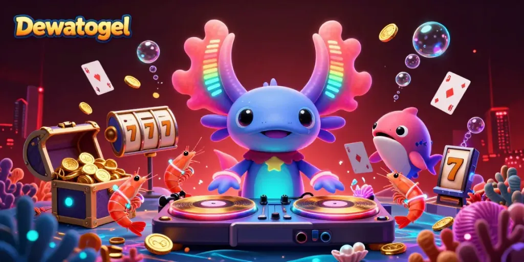 Dewatogel showcases a vibrant underwater casino scene with a neon-colored axolotl DJ spinning reels and gold coins.