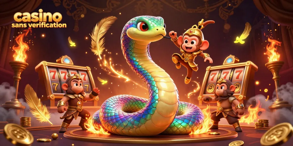 Joignez-vous à l'excitation des jeux dans un casino sans vérification avec une scène colorée remplie de personnages mythiques et d'éléments de jeu.