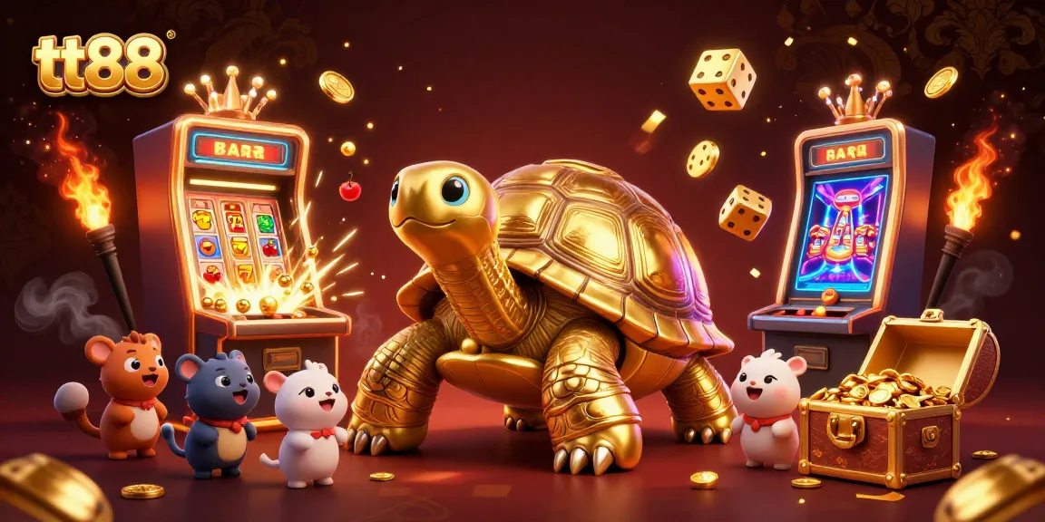 Engage with thrilling games at tt88, featuring a golden tortoise pinball machine surrounded by casino action.