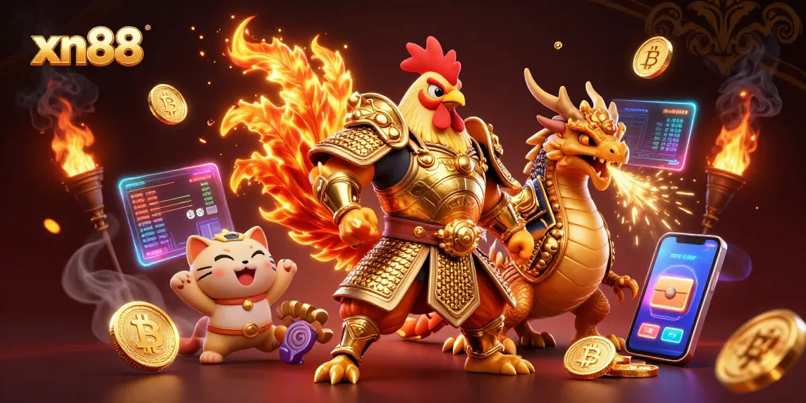 Experience thrilling action with xn88's dynamic 3D cartoon rooster warrior amidst glowing crypto elements.