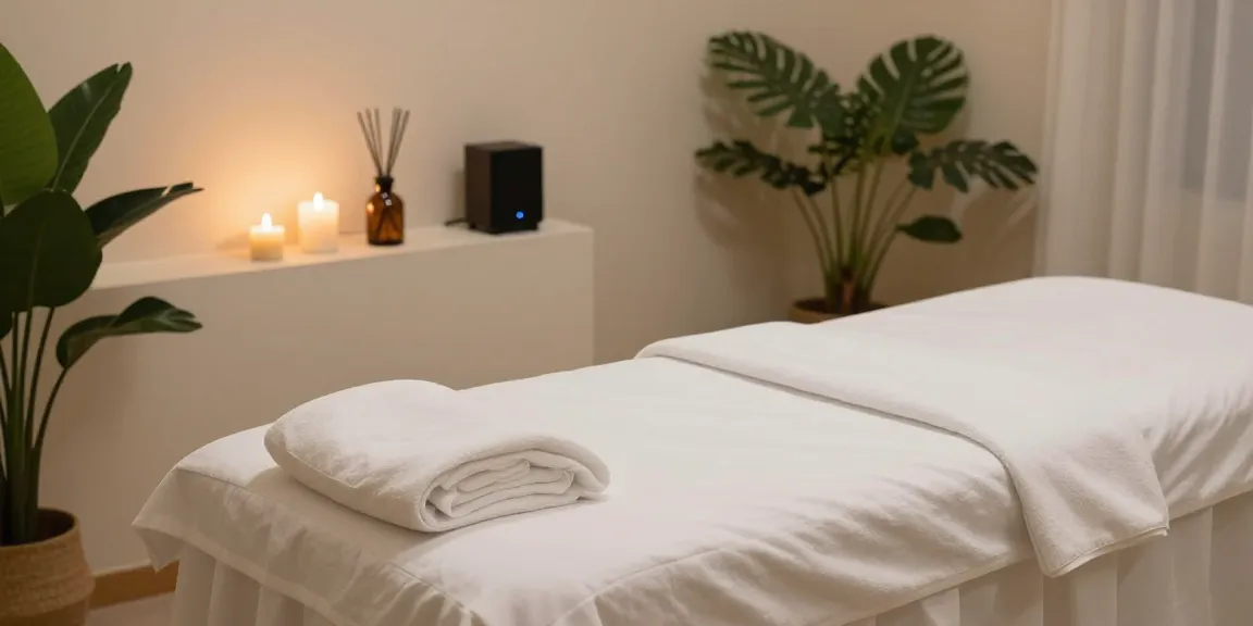 Relaxing massage therapy room showcasing 동작구출장마사지 services with ambient lighting and decor.
