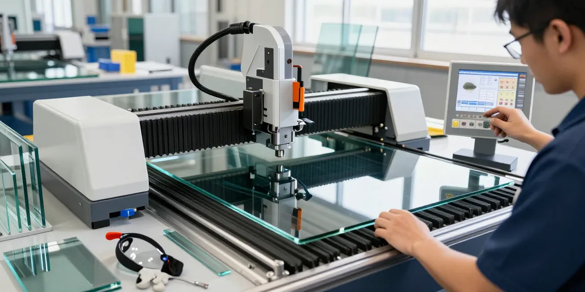 CNC glass cutting machine in a high-tech workshop with a technician adjusting settings while cutting glass.