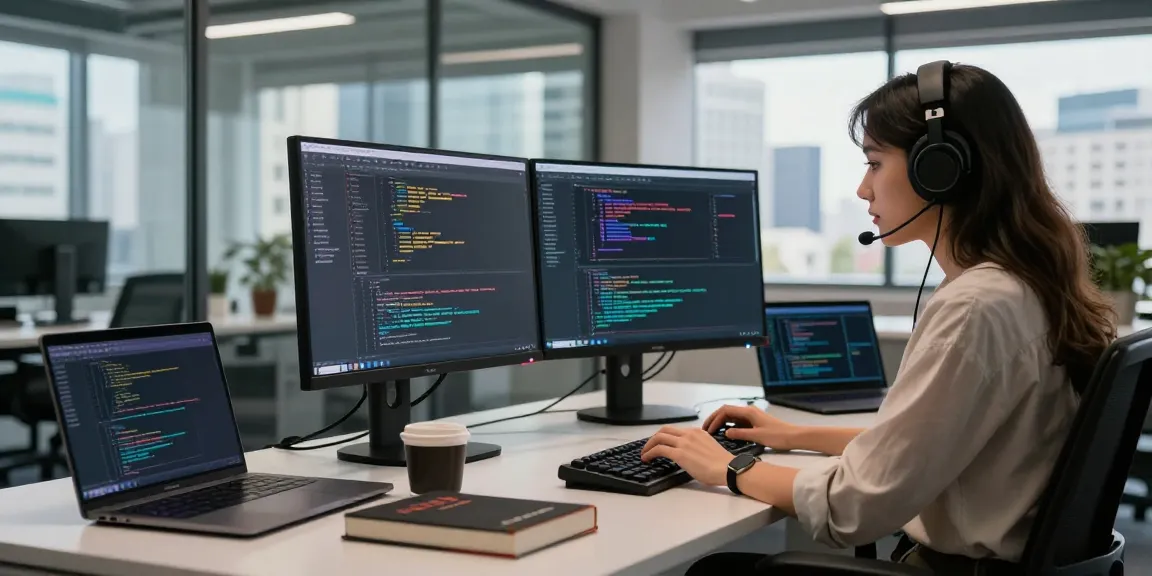 Developer coding with vibrant screens and city view, featuring 纸飞机中文版 integration.