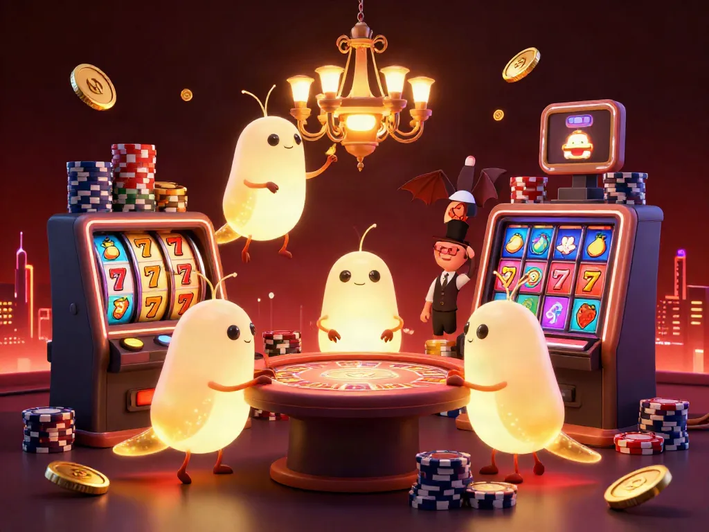 Geng kunang-kunang memainkan slot dengan suasana kasino gemerlap.