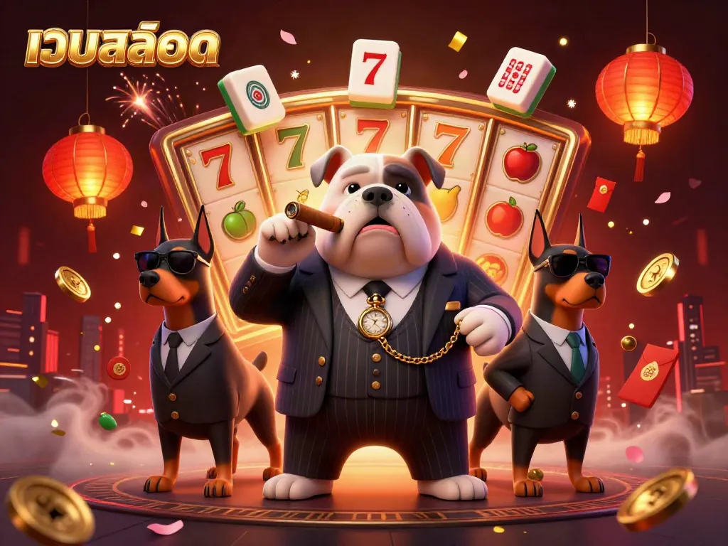 Experience the thrill of เว็บสล็อต with dynamic slot elements and a charismatic mafia boss illustration.