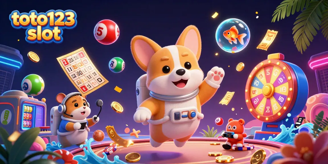 Engage with the exciting toto123 slot experience, showcasing colorful lottery elements and a dynamic casino scene.