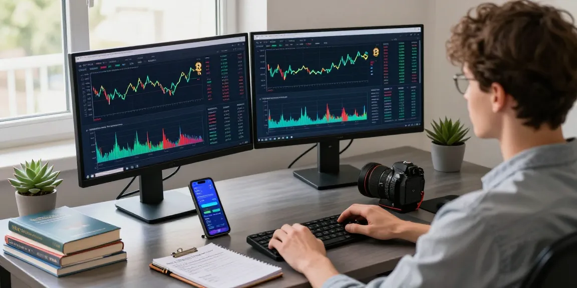 Engaged trader analyzing market trends on OKX exchange interface in modern home office.