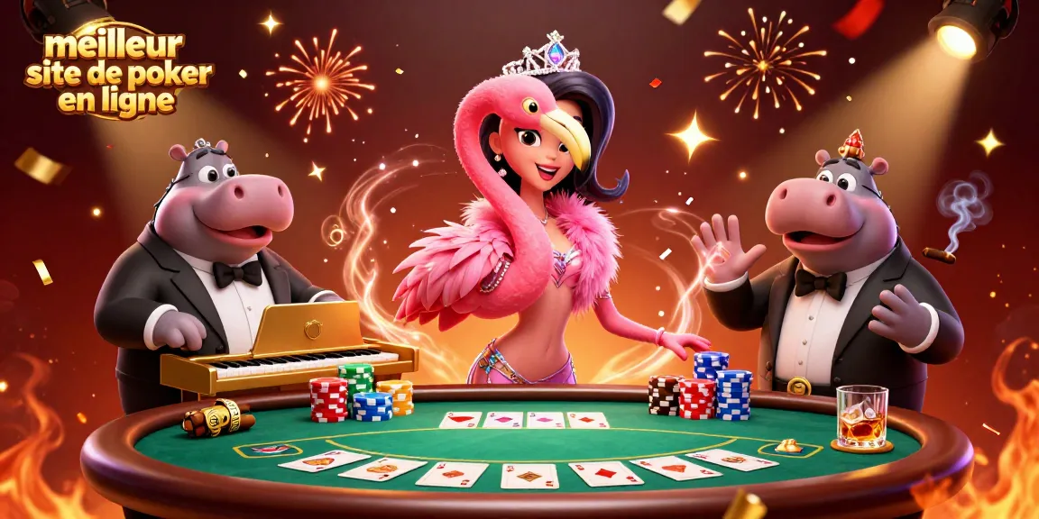 Obtenez des gains au meilleur site de poker en ligne avec des tables de poker, des jetons colorés et une ambiance festive.