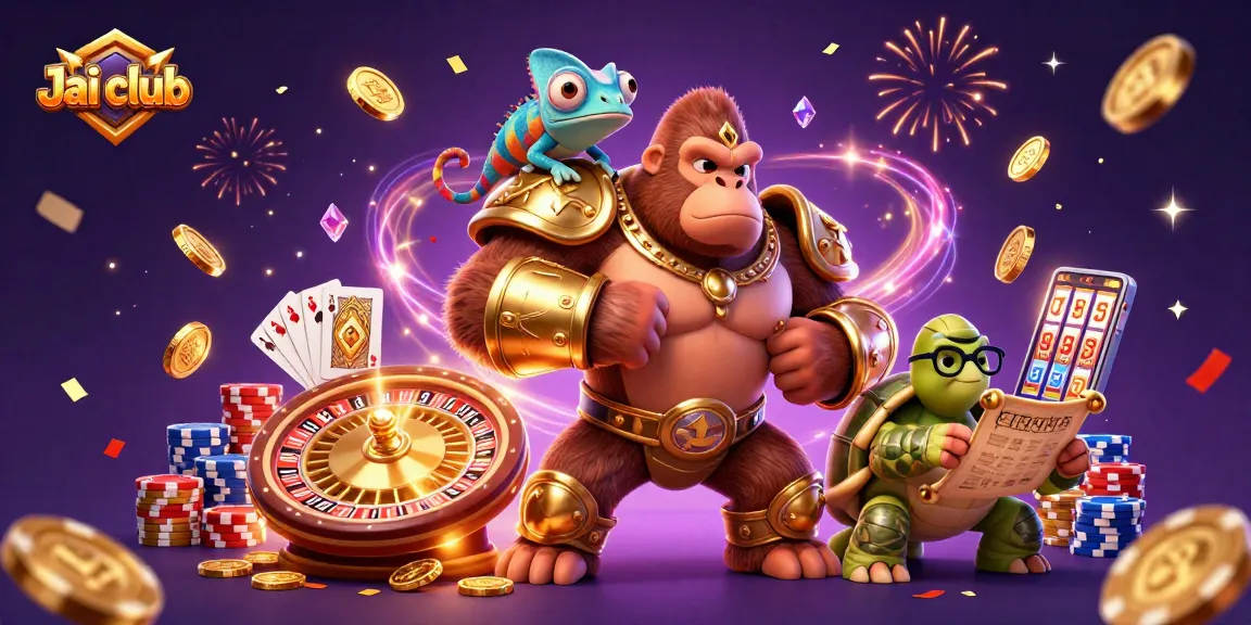 Engage with Jai club's exciting games featuring a gorilla king, chameleon companion, and tortoise elder amidst dazzling casino elements.