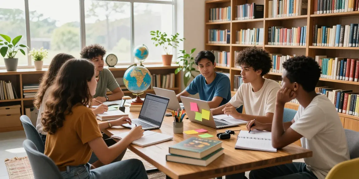 Group of students studying together for the 2026 nabteb runz in a bright library.
