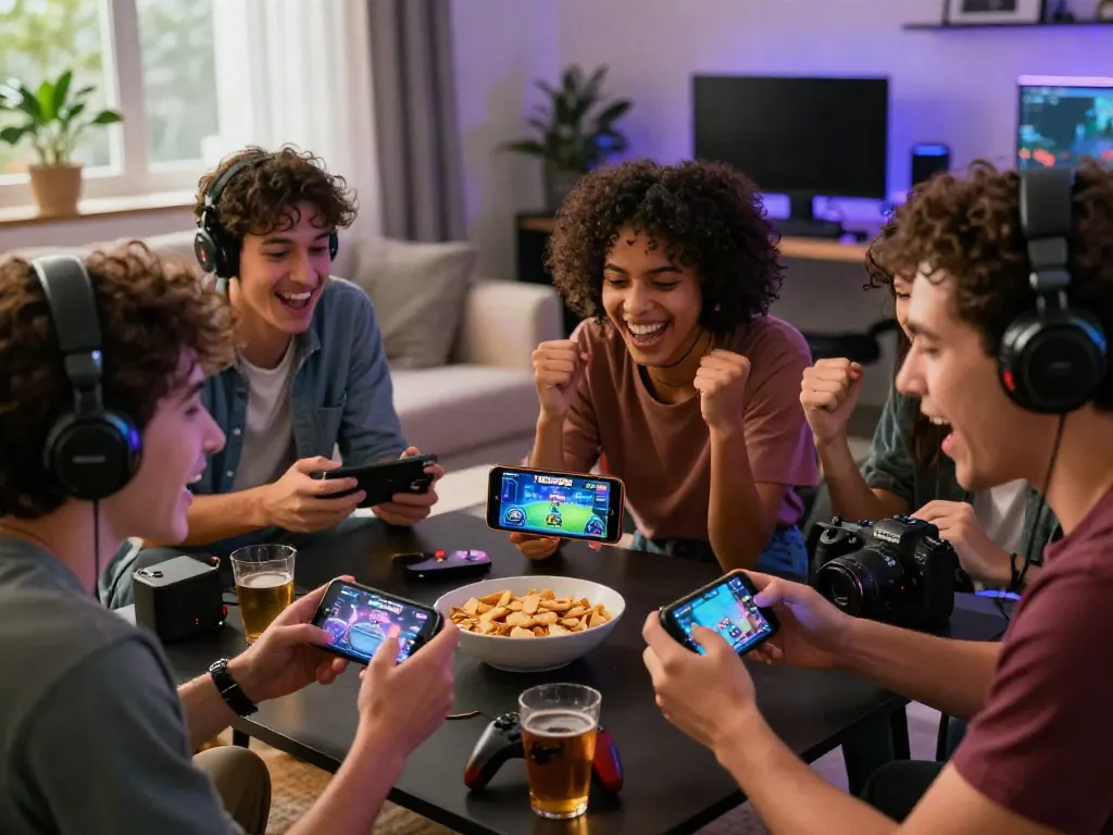 Friends playing MEGA888 app on a smartphone at a cozy gaming setup with snacks and drinks.