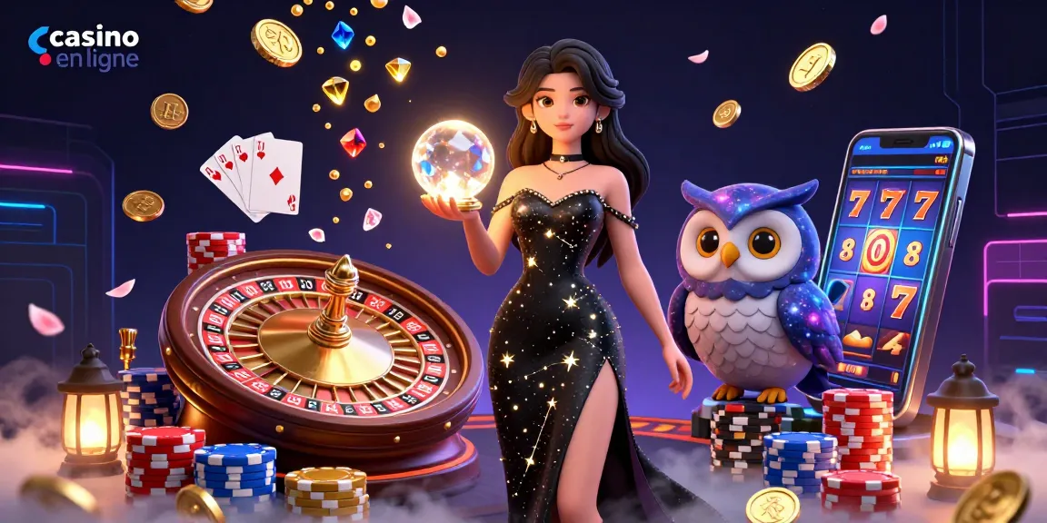 Vivez l'excitation du casino en ligne avec une scène époustouflante remplie d'éléments magiques et d'excitation de jeu.