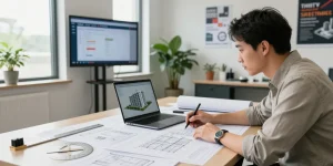 Engineer conducting a structural integrity assessment in Missouri, reviewing plans and technical drawings in a bright office.