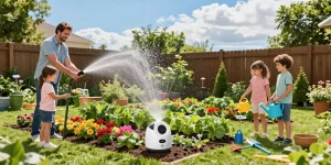 Family using the rainpoint sprinkler timer in a blooming garden, showcasing efficient watering.
