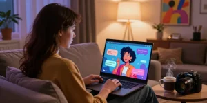 Engaging with an AI NSFW chat on a laptop in a cozy environment.