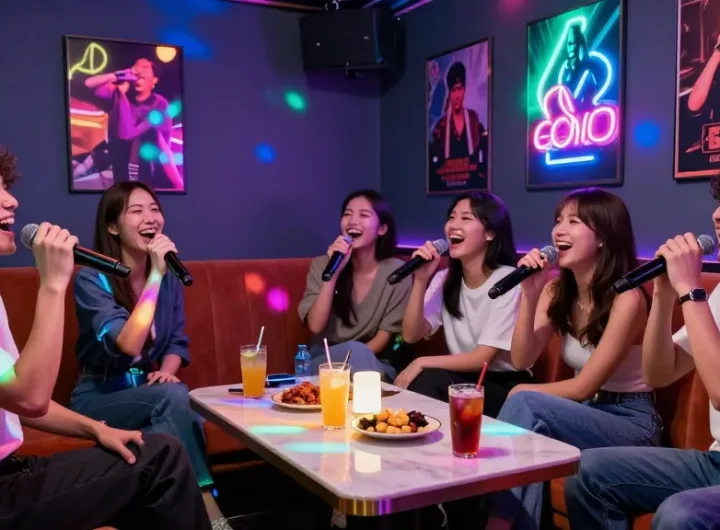 Karaoke party at a Gangnam venue with friends singing, showcasing vibrant atmosphere and lively decor.