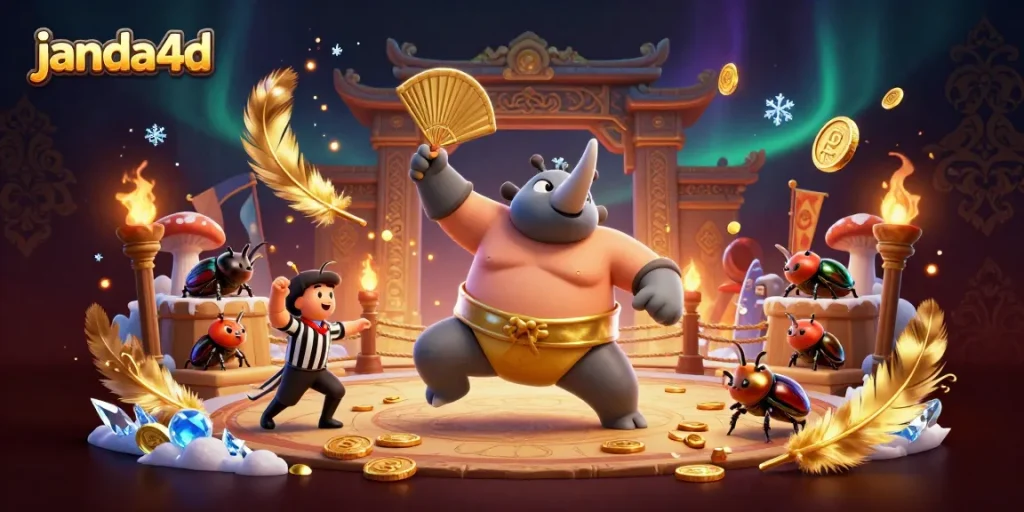 Gambarlah janda4d yang menampilkan kejuaraan sumo serangga dengan koin emas berterbangan.
