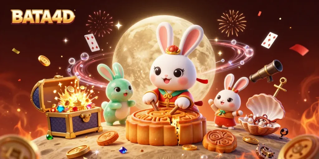 BATA4D moon rabbit cracking mooncakes revealing poker chips in a vibrant casino scene.