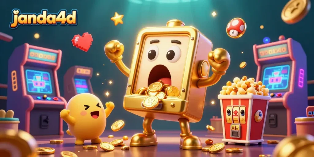 Janda4D menghadirkan mesin slot emas yang terkejut saat jackpot, dikelilingi slot lainnya.