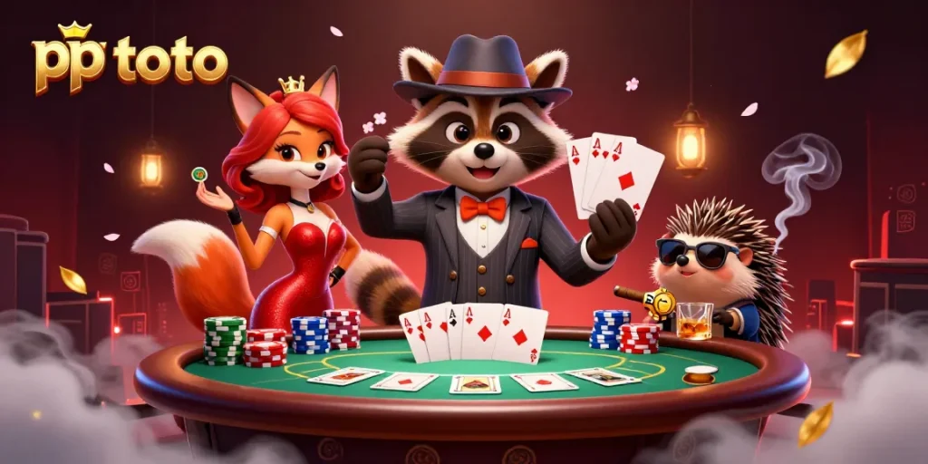 Experience thrilling gameplay with pp toto, featuring a raccoon in a pinstripe suit holding a royal flush at a vibrant poker table.