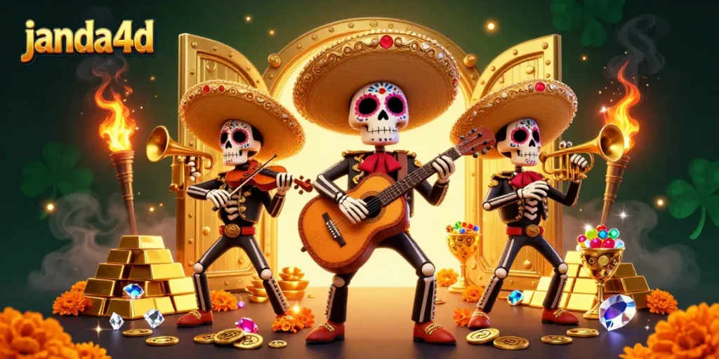 janda4d menampilkan band mariachi dengan kerangka, berlatar belakang kasino, menghidupkan suasana permainan.