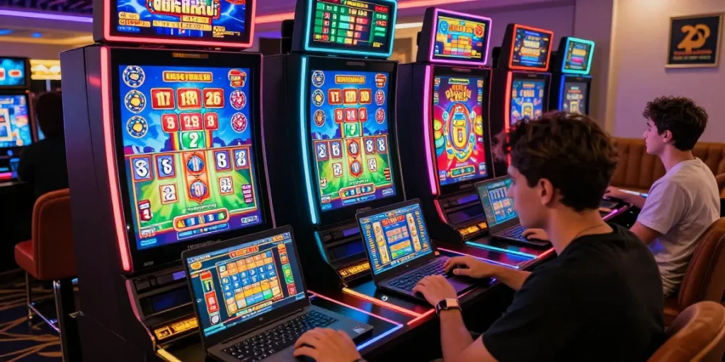 Exciting kecak4d online gambling experience with vibrant 4D slot machines and engaged players.