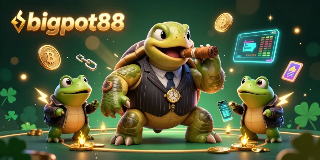 Engage in thrilling competition at bigpot88, showcasing a snapping turtle and bullfrog enforcers in a vibrant casino scene.