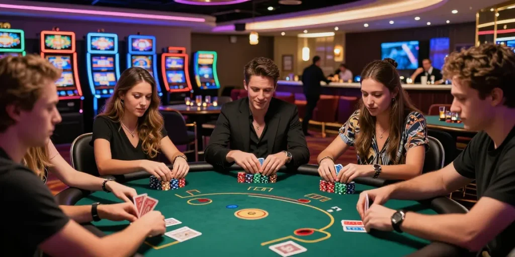 Engaging poker game scene highlighting rokok88 rtp excitement in vibrant casino atmosphere.