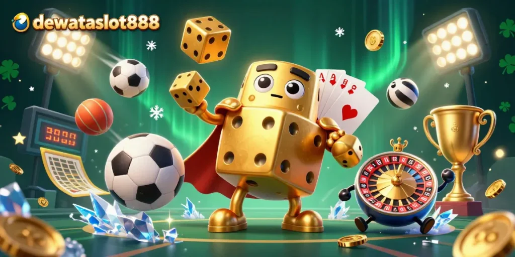 Mengakses dewataslot888 dengan taruhan yang seru di roda roulette dan dadu emas besar yang berubah ekspresi.