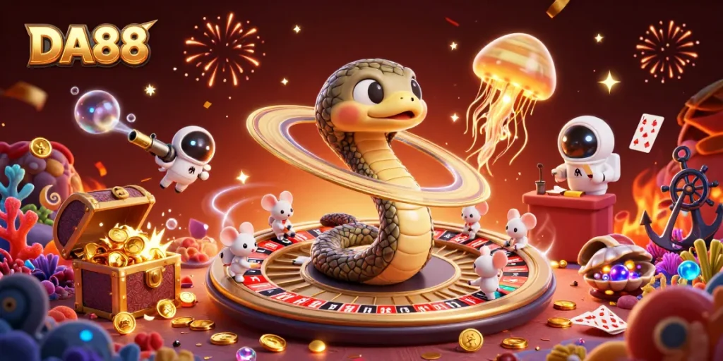 Engage in thrilling bets at DA88 with a cosmic gaming scene featuring cartoon characters.